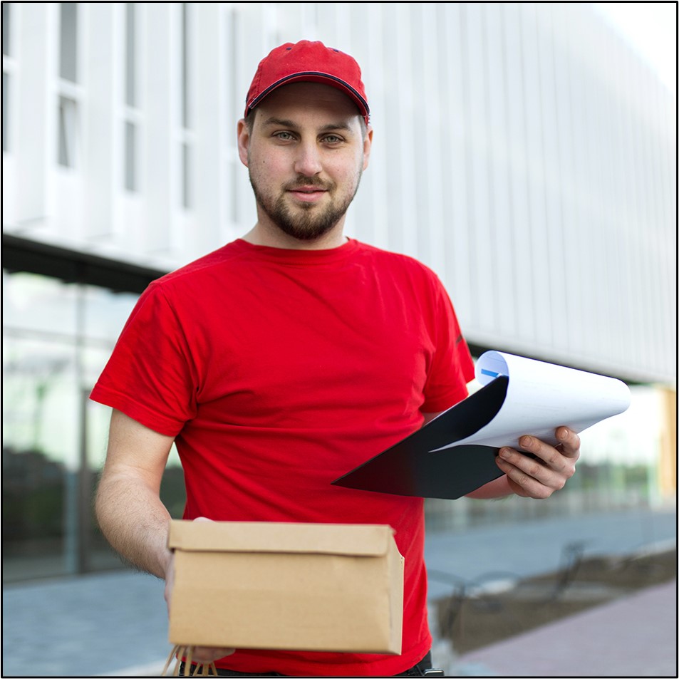 Delivery driver holding box and clipboard